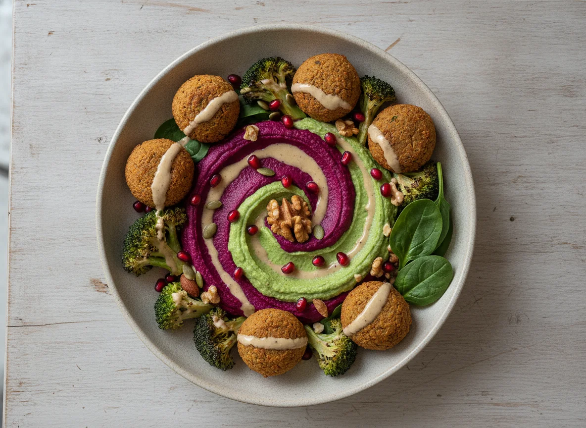 Spinach and Beetroot Hummus Bowl with Falafel and Broccoli photo