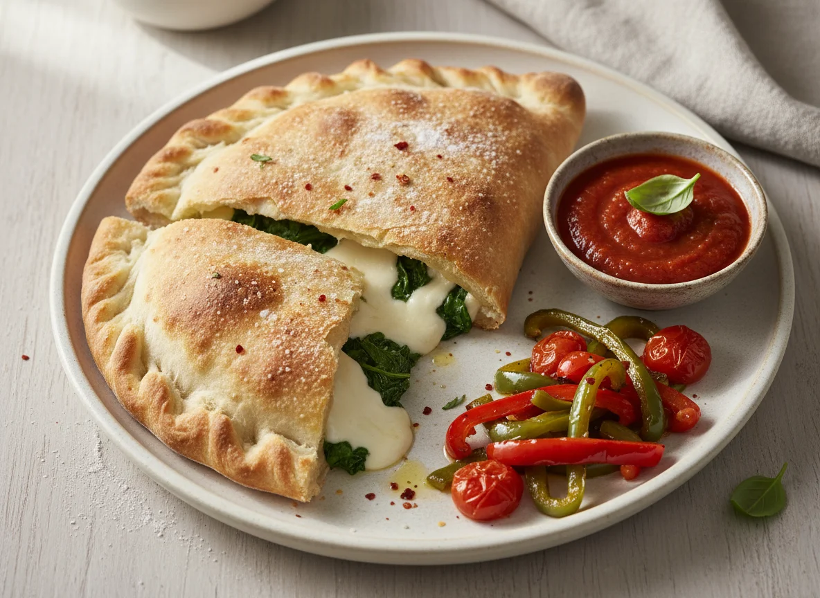 Spinach and Cheese Calzone with Sautéed Peppers and Tomatoes photo