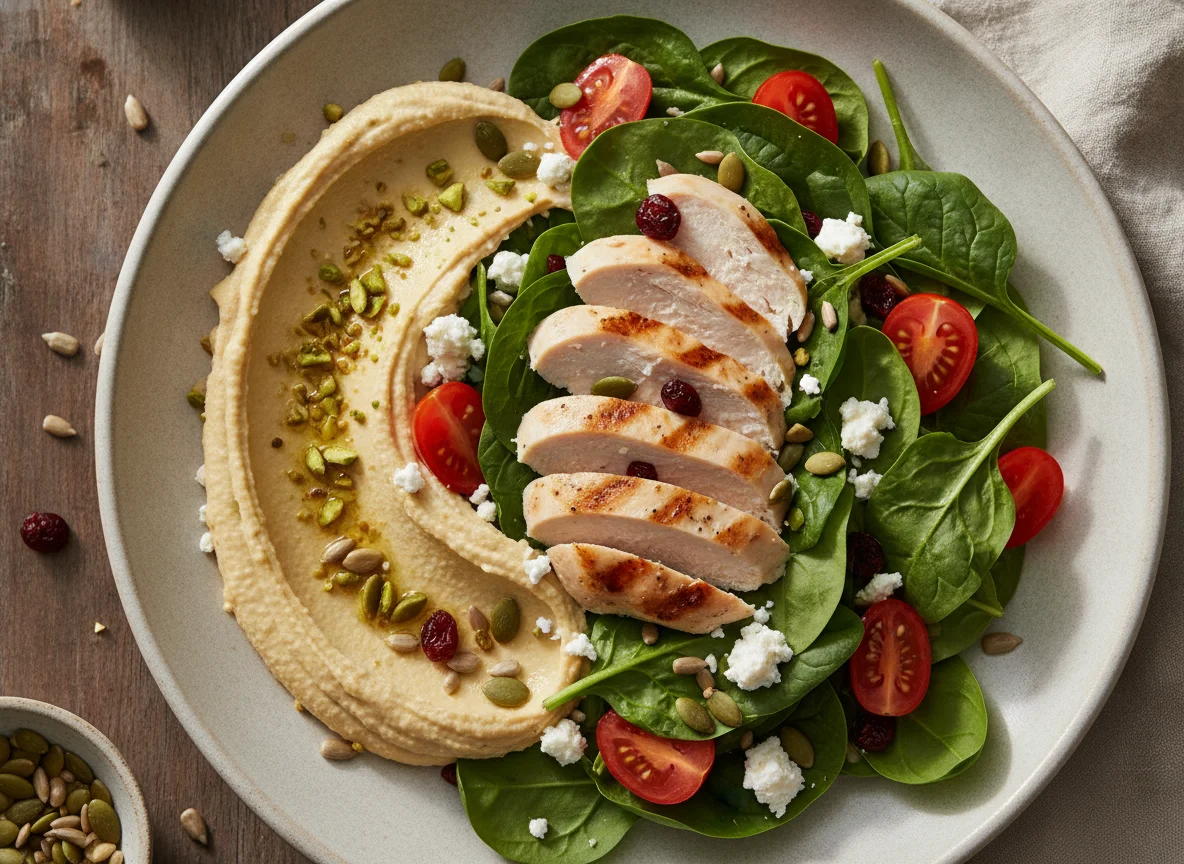 Spinach and Chicken Salad with Hummus and Feta photo