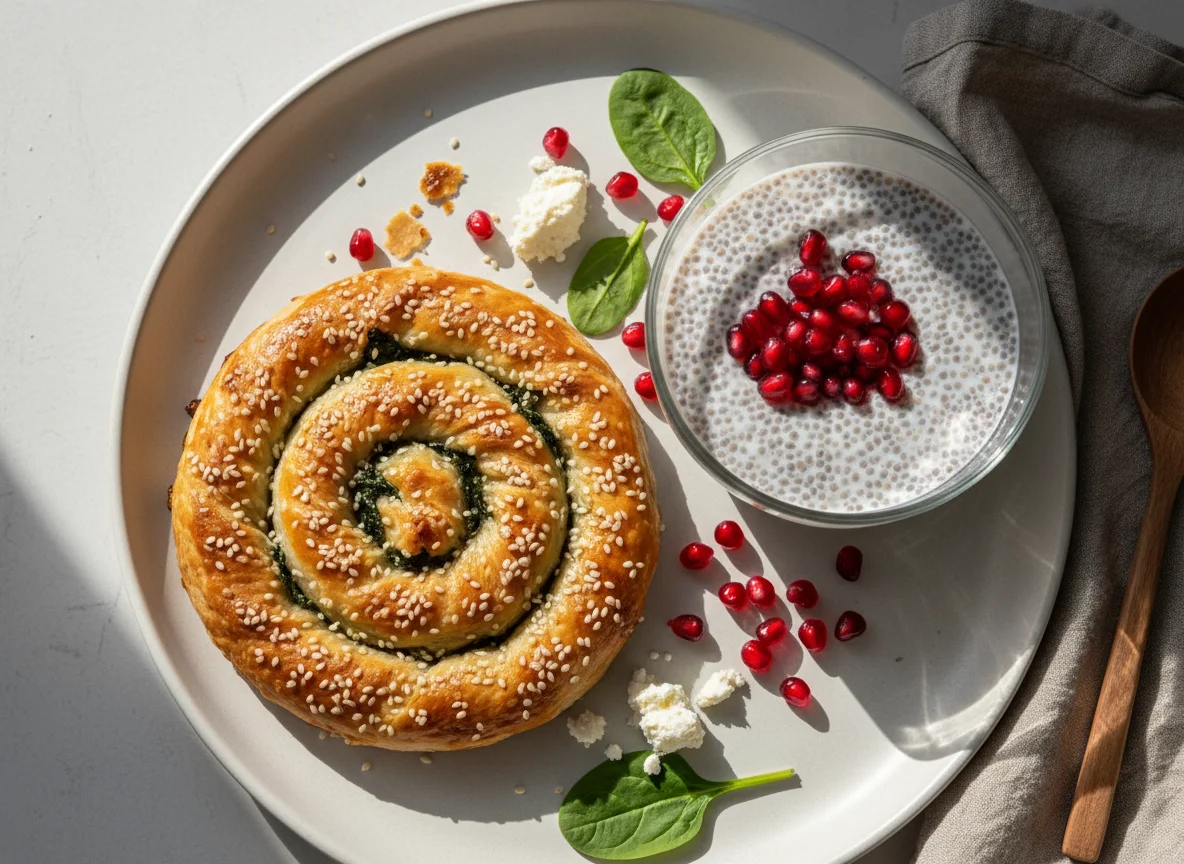 Spinach and Feta Borek with Chia Pudding and Pomegranate photo