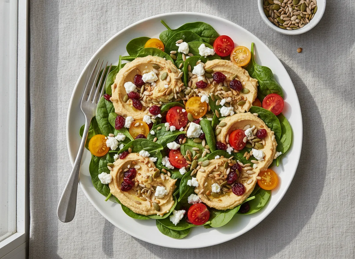 Spinach and Hummus Salad with Feta and Seeds photo
