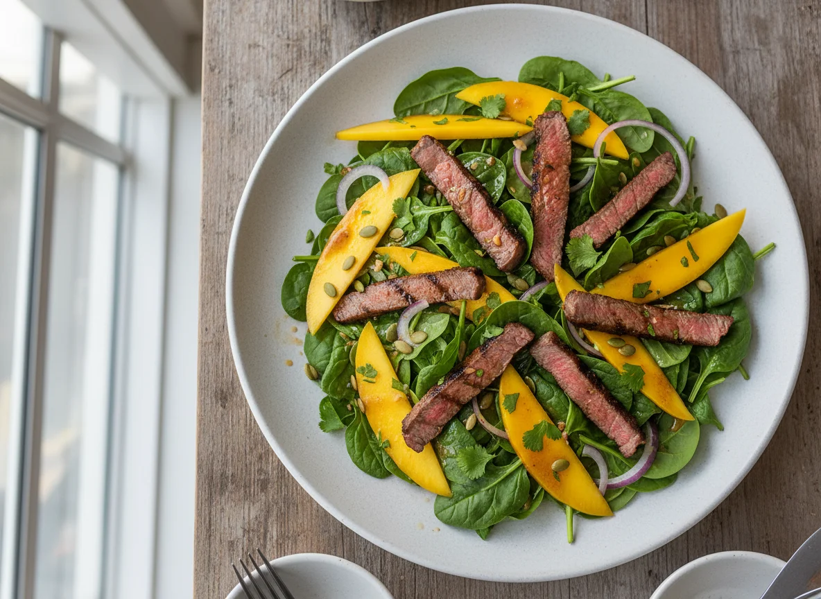 Spinach and Mango Salad with Meat photo