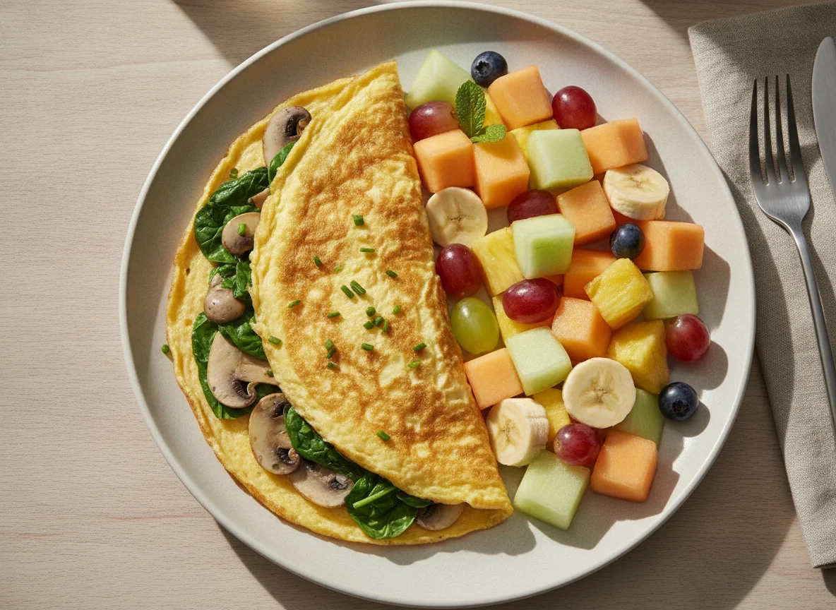Spinach and Mushroom Omelette with Fresh Fruit Salad photo