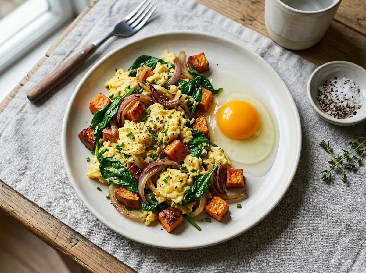 Spinach and Onion Scrambled Eggs with Sweet Potato and Egg photo