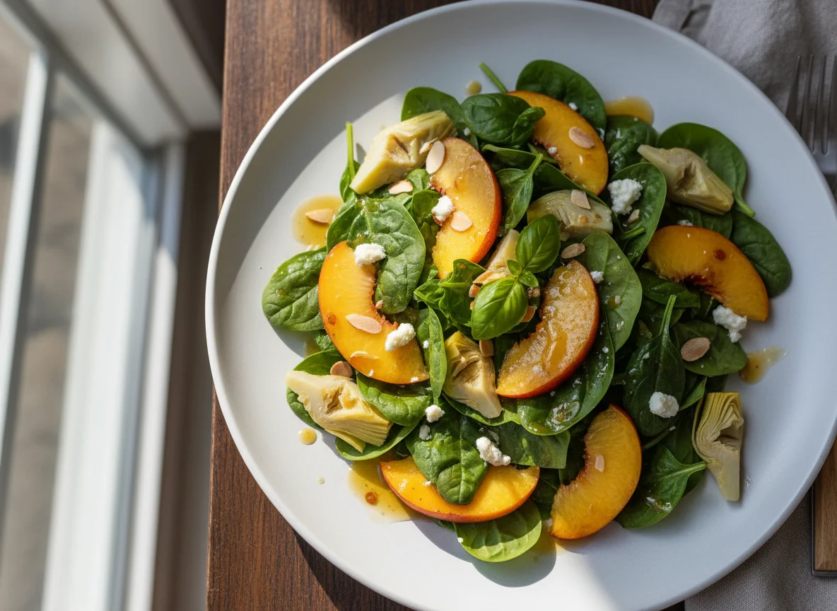 Spinach and Peach Salad with Artichoke and Vinaigrette photo