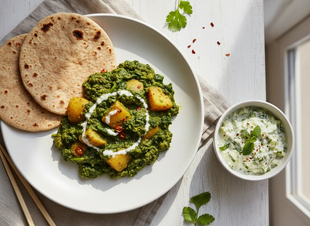 Spinach and Potato Curry with Raita and Roti photo