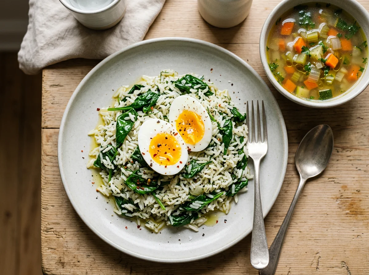 Spinach and Rice with Egg and Soup photo