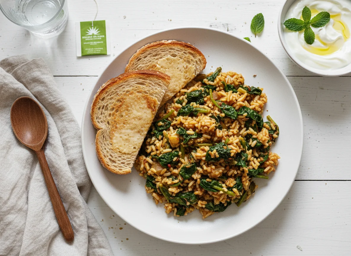 Spinach and Rice with Toast and Yogurt photo