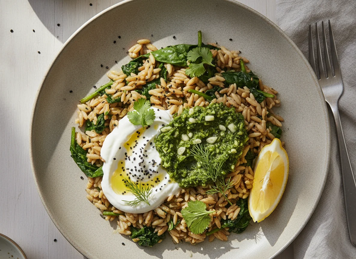 Spinach and toasted orzo, with dill and green chilli salsa photo