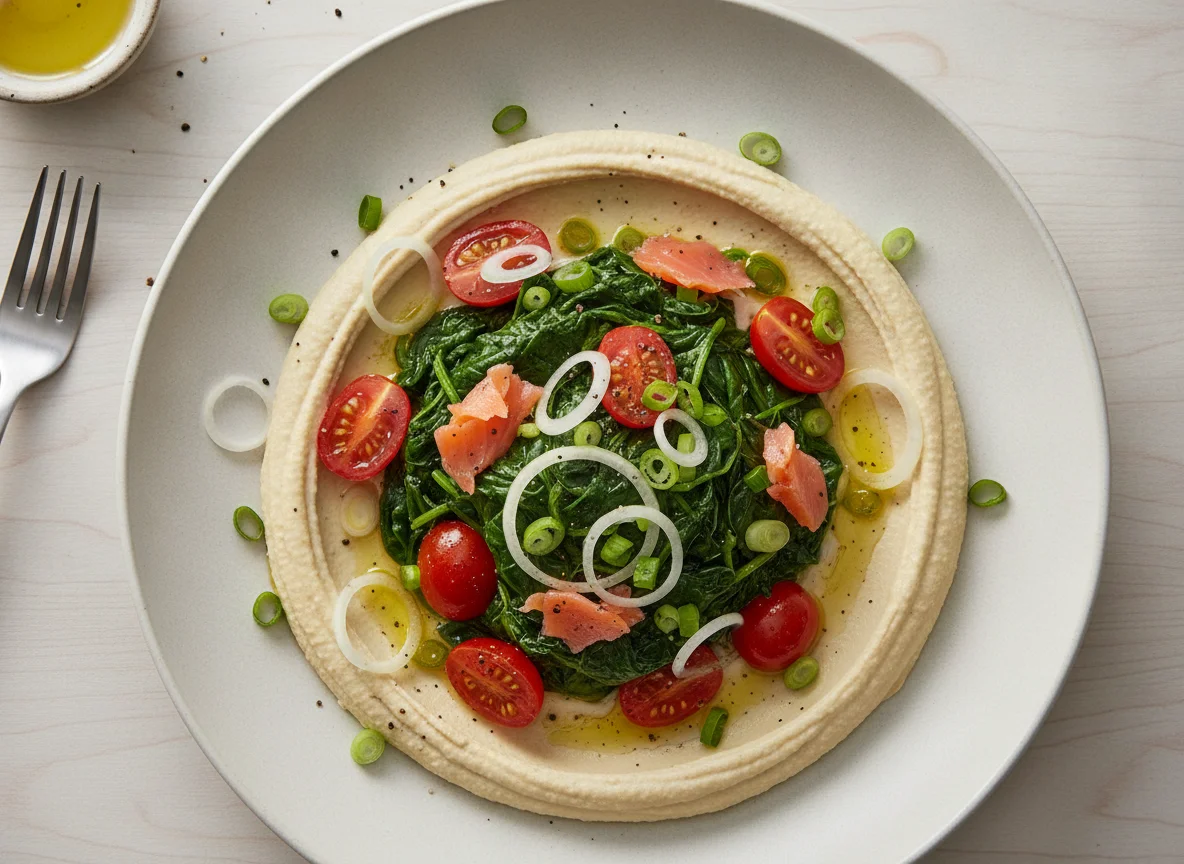 Spinach and Tomato Sauté with Hummus and Fresh Onions photo