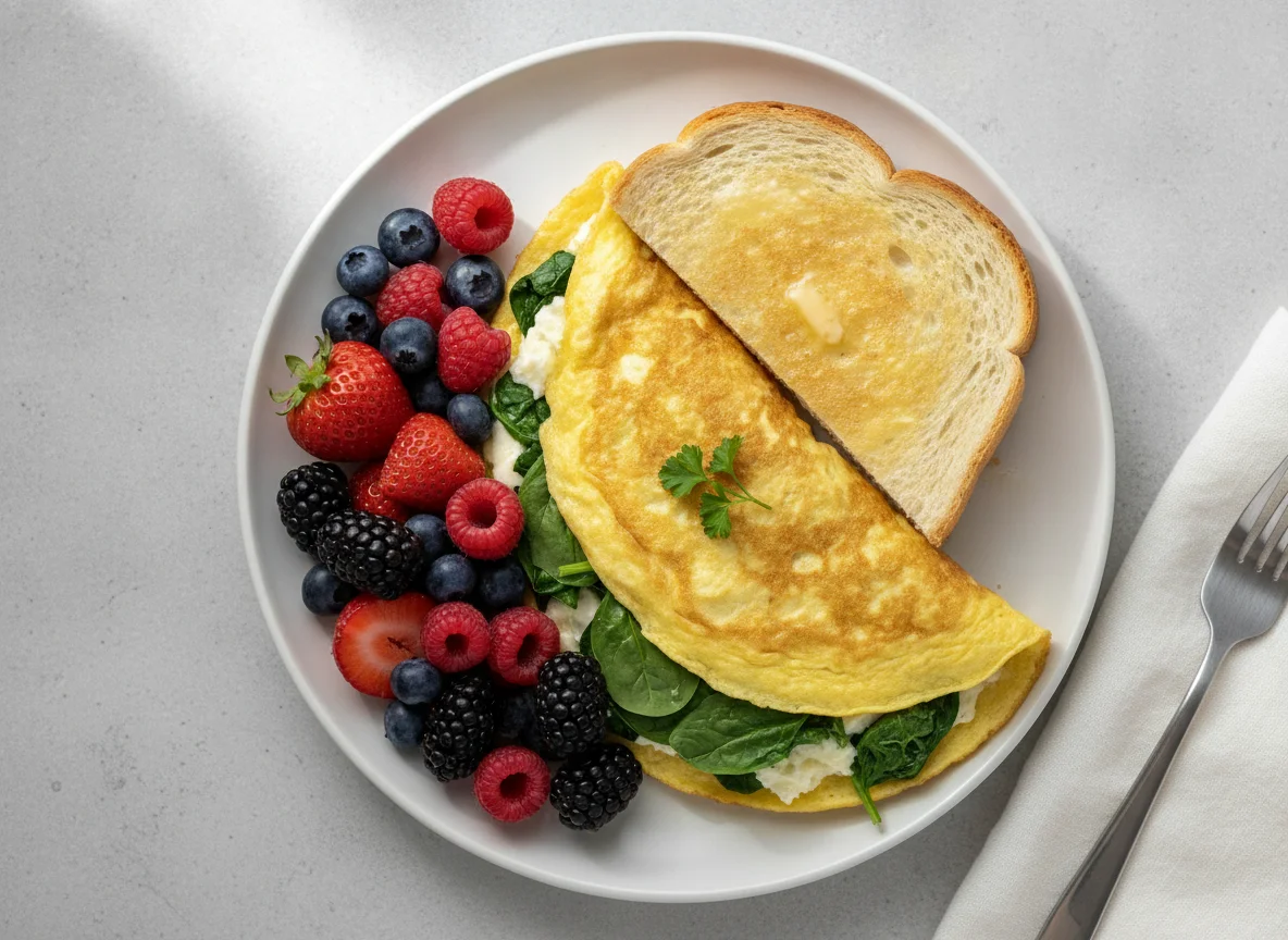 Spinach Omelette on Toast with Mixed Berries photo
