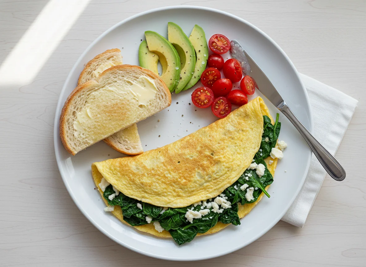 Spinach Omelette with Avocado, Tomato, Cheese and Bread photo