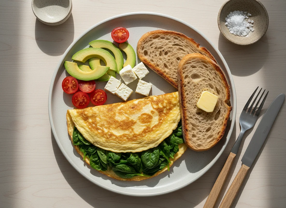 Spinach Omelette with Avocado, Tomato, Cheese, and Bread photo