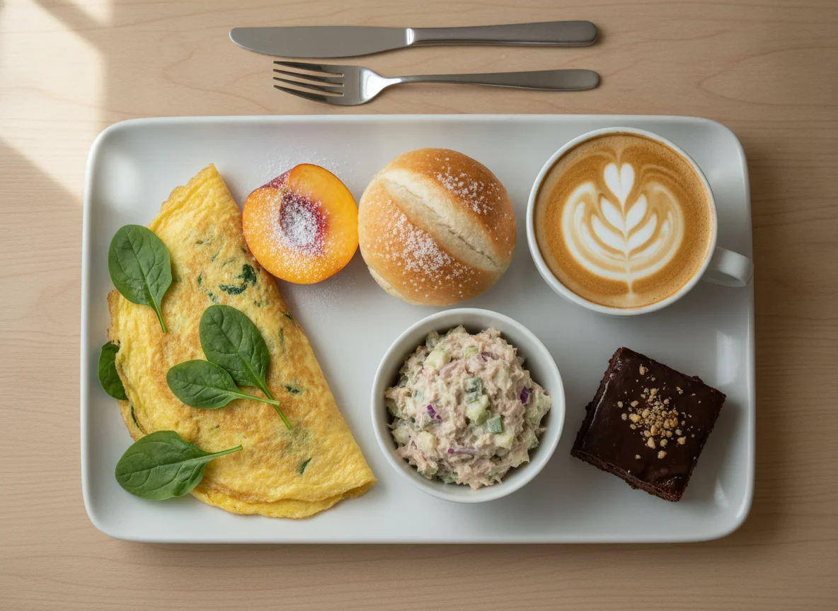 Spinach omelette with peach, bread roll, tuna salad, and chocolate cake photo