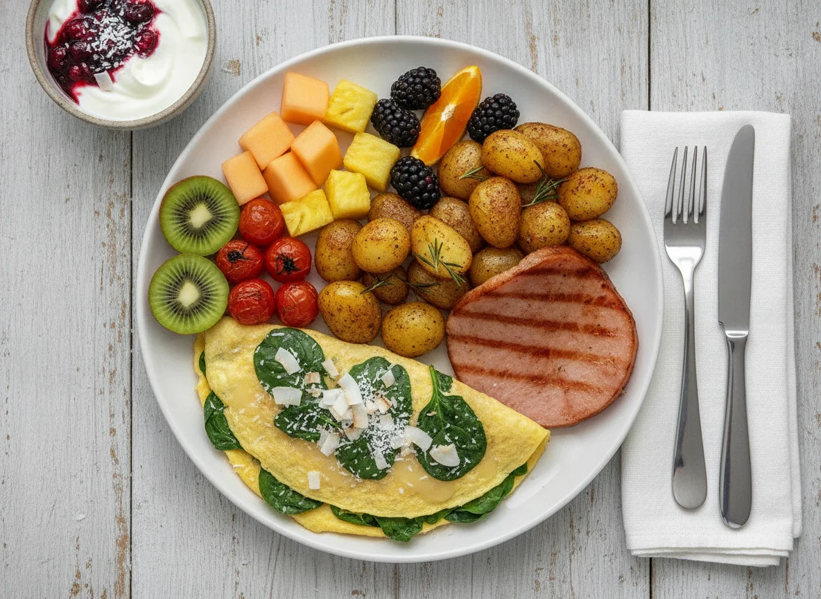 Spinach Omelette with Roasted Potatoes, Ham, and Fresh Fruit photo