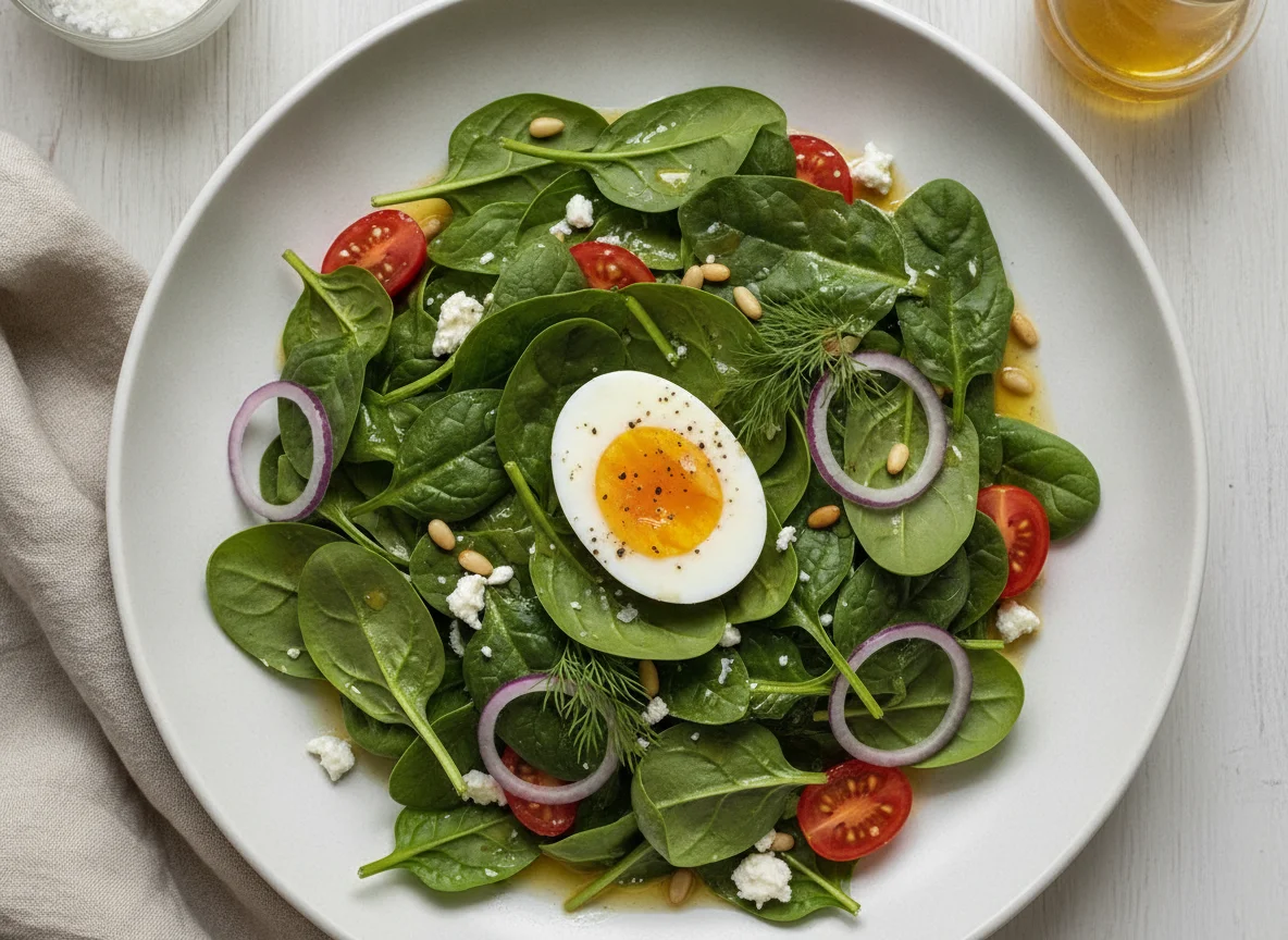Spinach salad with boiled egg photo
