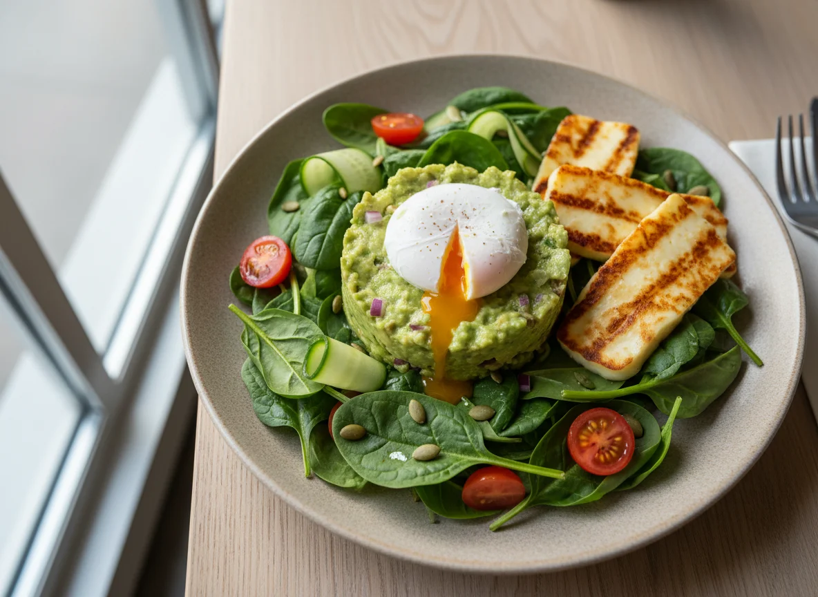 Spinach salad with guacamole, poached egg, and grilled halloumi photo