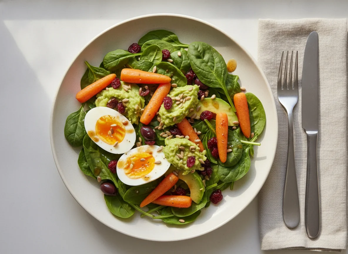 Spinach Salad with Hard Boiled Egg and Vegetables photo
