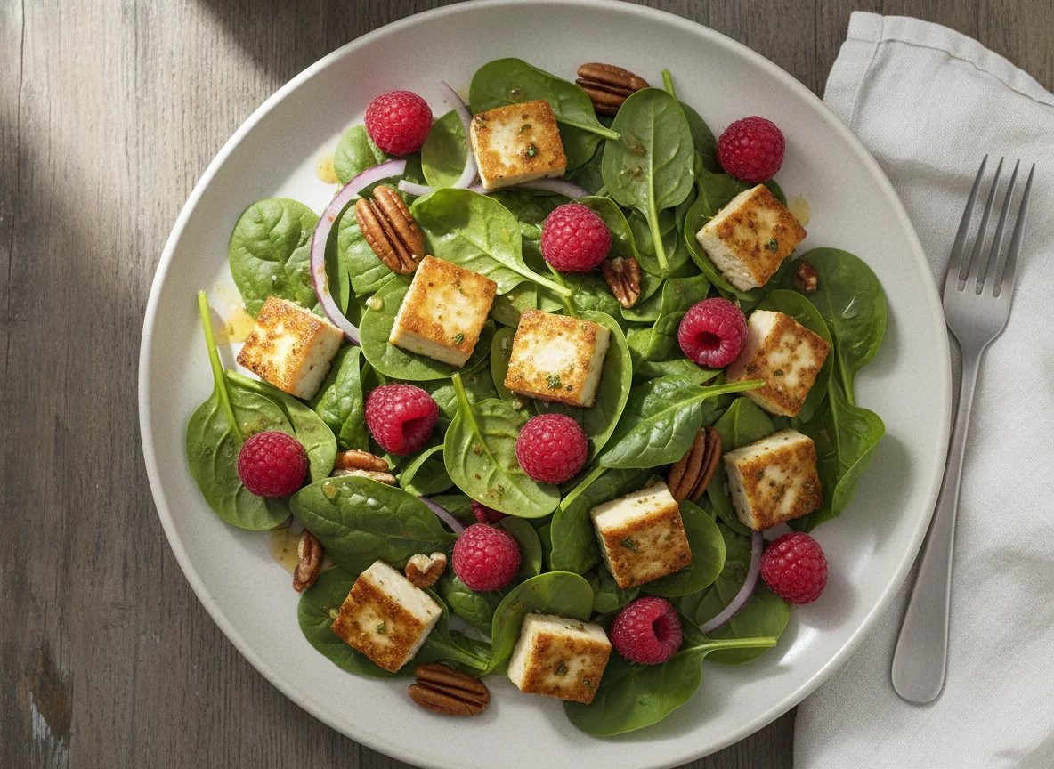 Spinach Salad with Tofu and Raspberries photo