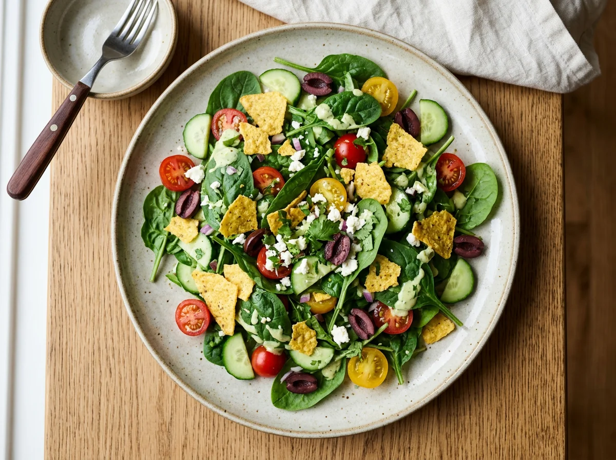 Spinach Salad with Vegetables and Tortilla Chips photo
