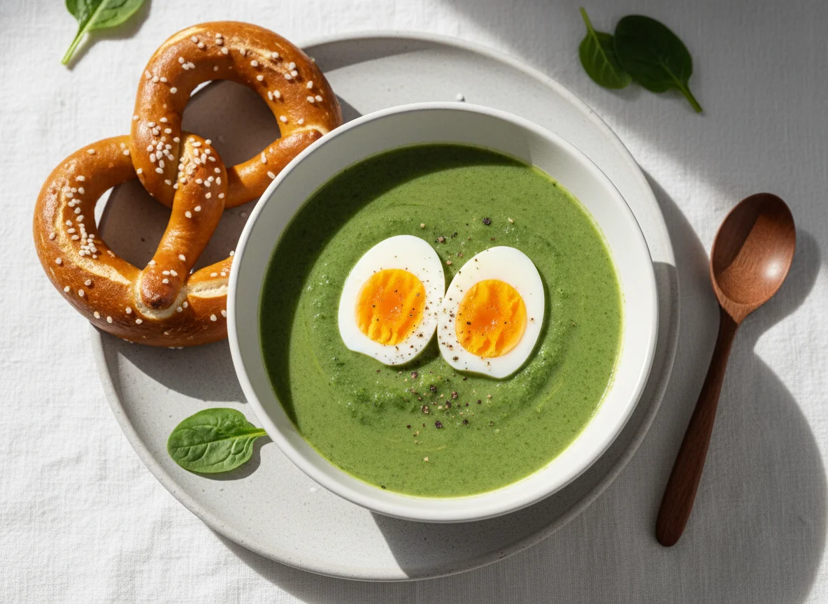Spinach soup with hard-boiled eggs and pretzel photo