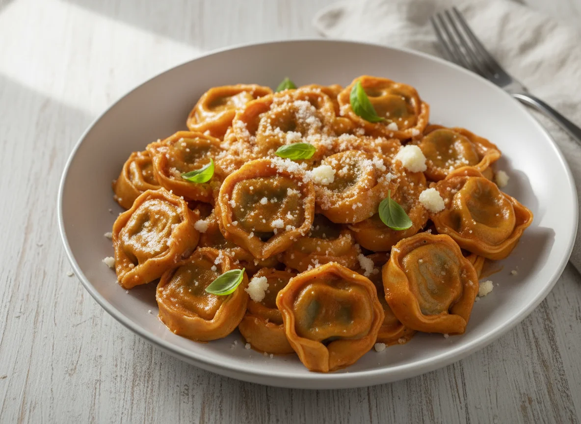 Spinach tortellini with tomato cream sauce photo