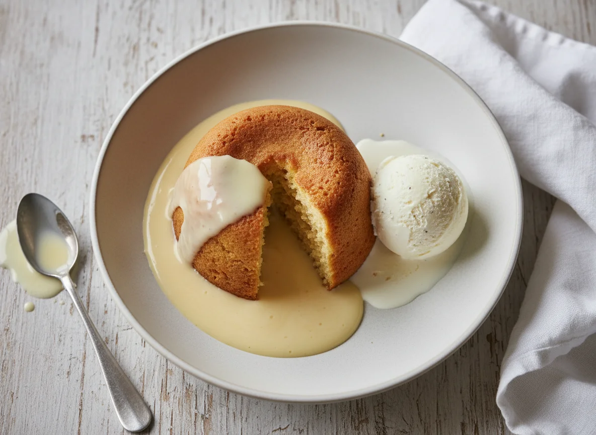 Sponge Pudding with Custard and Ice Cream photo