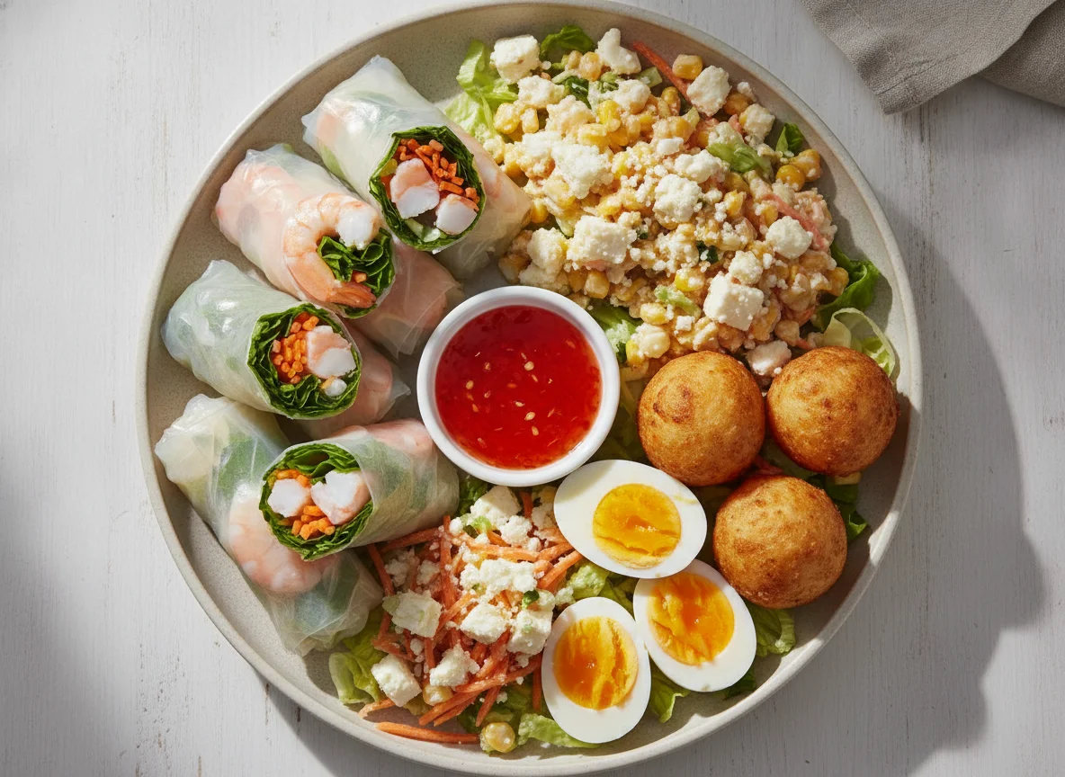 Spring rolls and egg salad platter photo