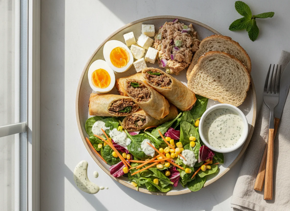 Spring rolls with beef and mixed salad photo
