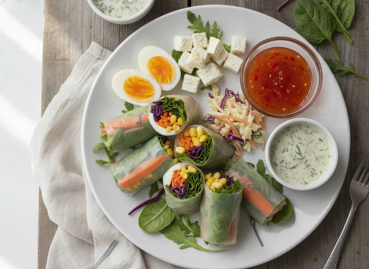 Spring rolls with boiled eggs and mixed salad photo