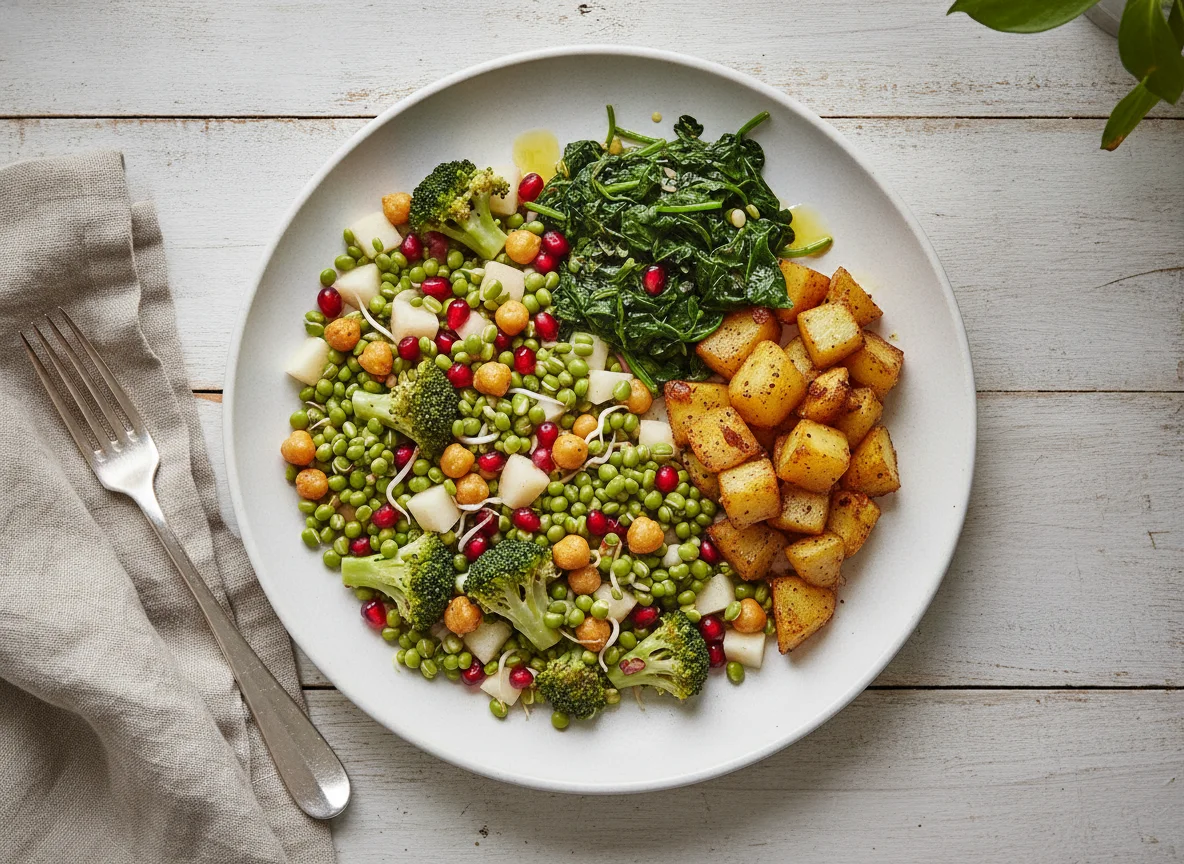 Sprouted Moong Salad with Broccoli and Sauteed Greens photo