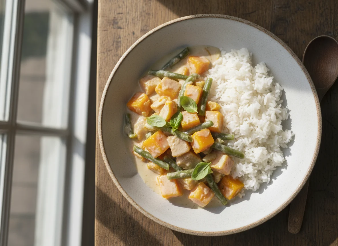 Squash and Green Bean Stew with White Rice photo