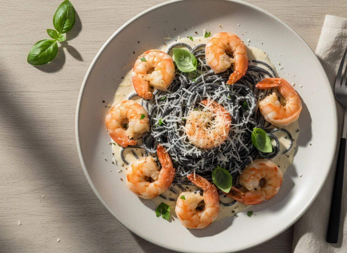 Squid Ink Pasta with Shrimp and Cream Sauce photo