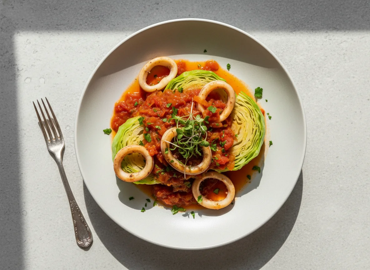 Squid with Cabbage and Tomato-Leek Sauce photo