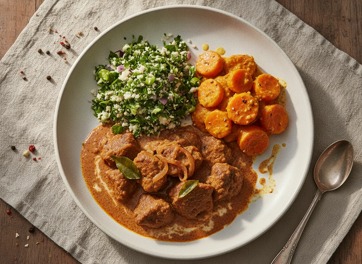 Sri Lankan Beef Curry with Gotu Kola Sambol and Carrot Curry photo
