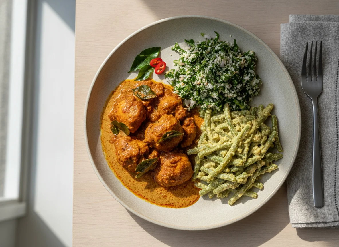 Sri Lankan Chicken Curry with Green Beans and Gotu Kola Sambol photo