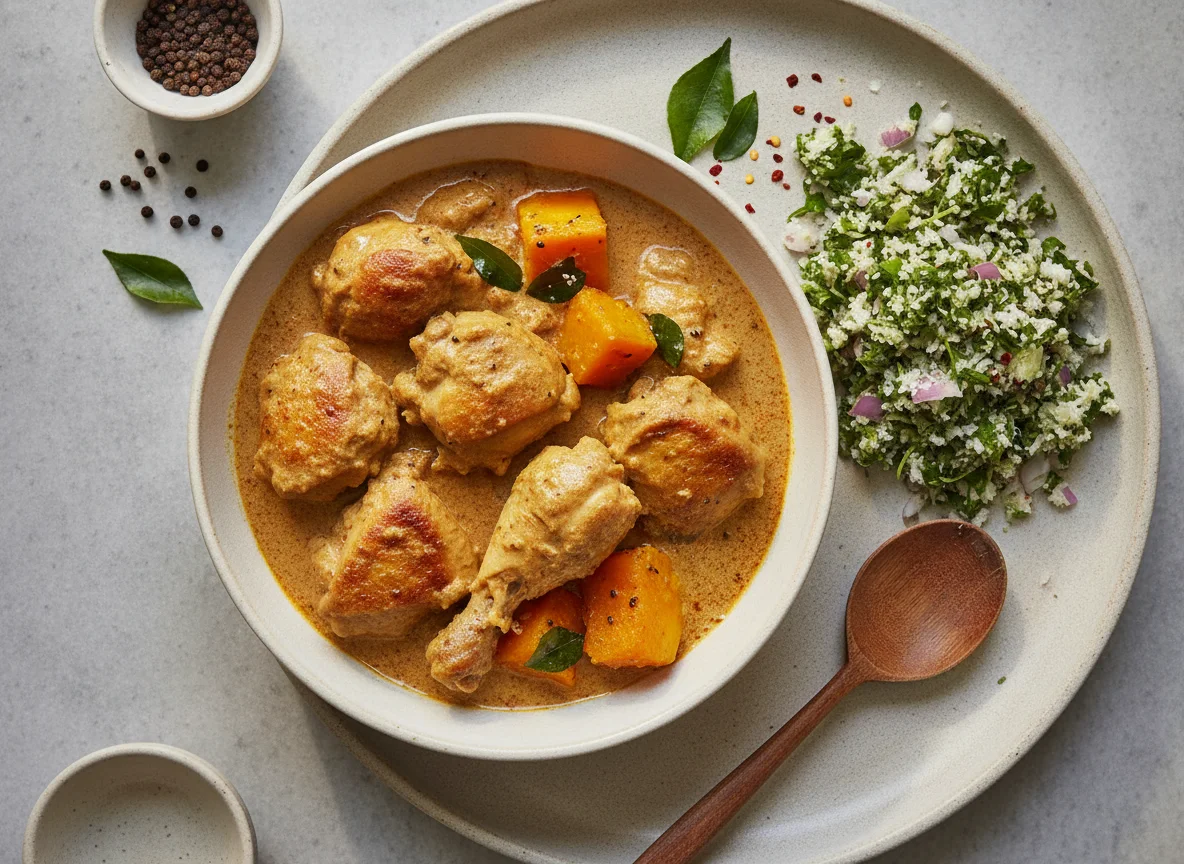 Sri Lankan Chicken Curry with Pumpkin and Gotu Kola Sambol photo