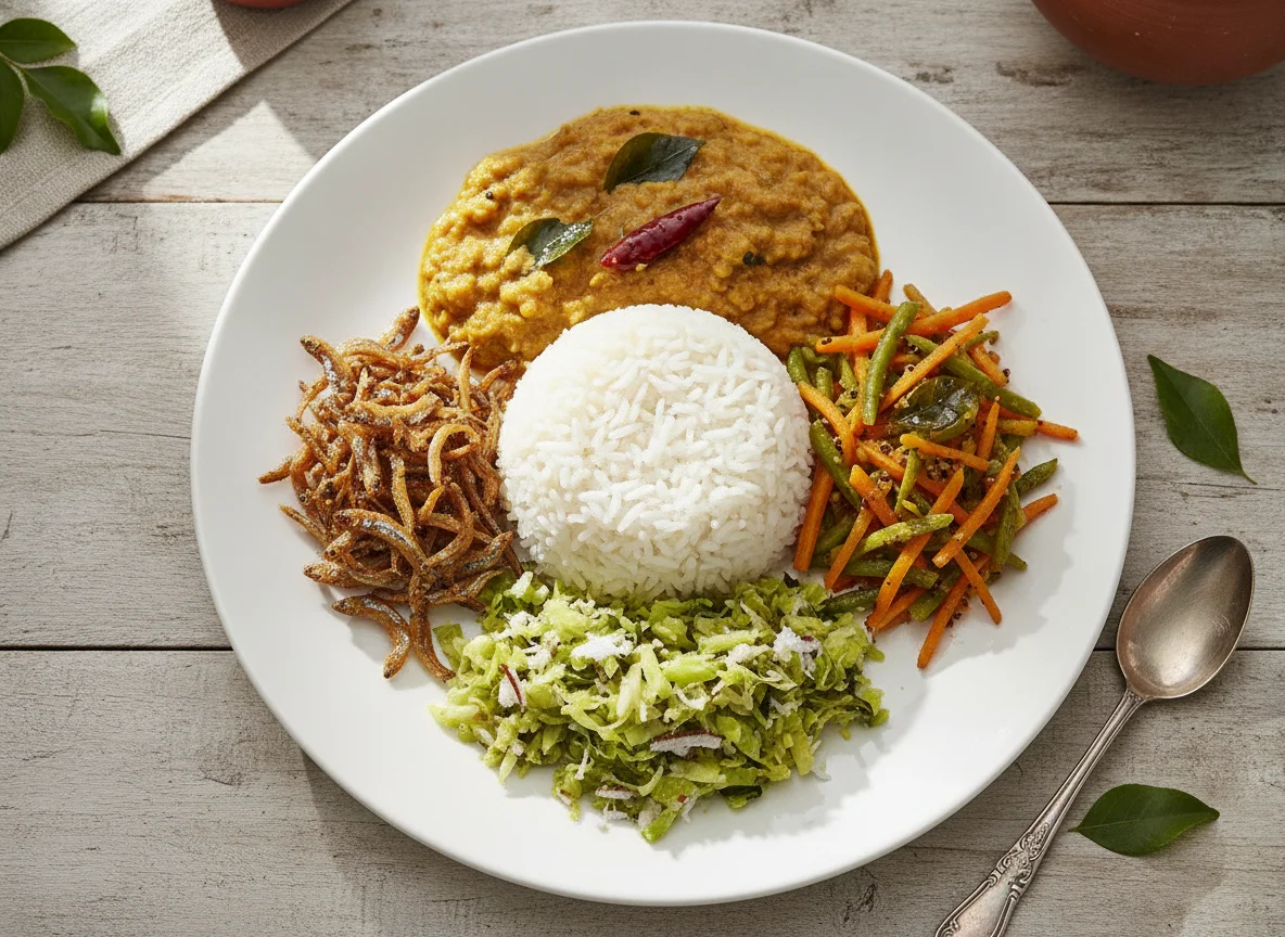 Sri Lankan Rice and Curry with Fried Anchovies photo