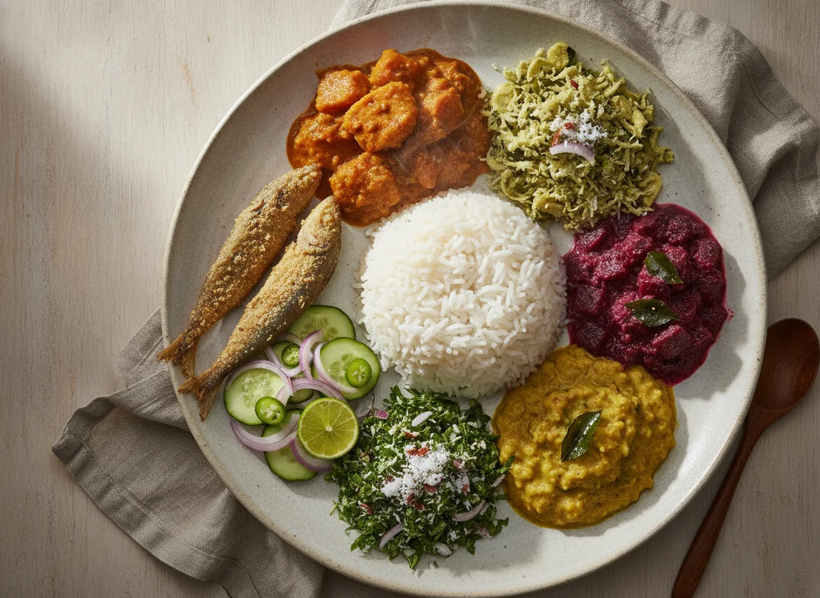 Sri Lankan Rice and Curry with Sweet Potato and Banana Flower photo