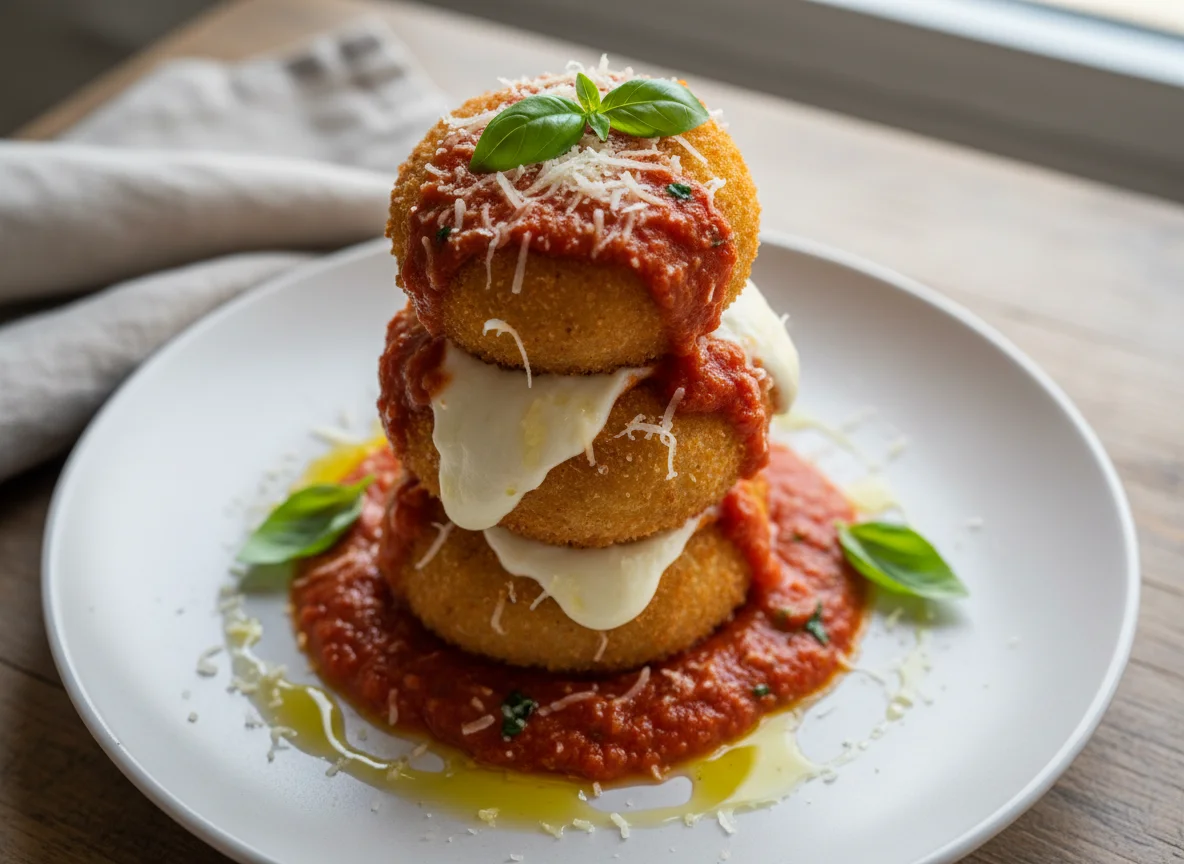 Stacked Eggplant Parmesan or Arancini with Tomato Sauce photo