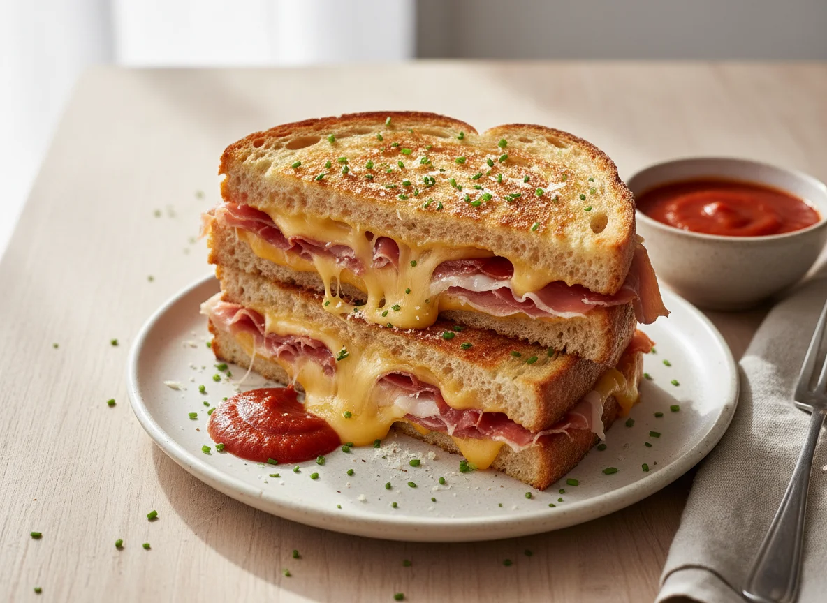 Stacked Grilled Cheese Sandwich with Tomato Sauce photo