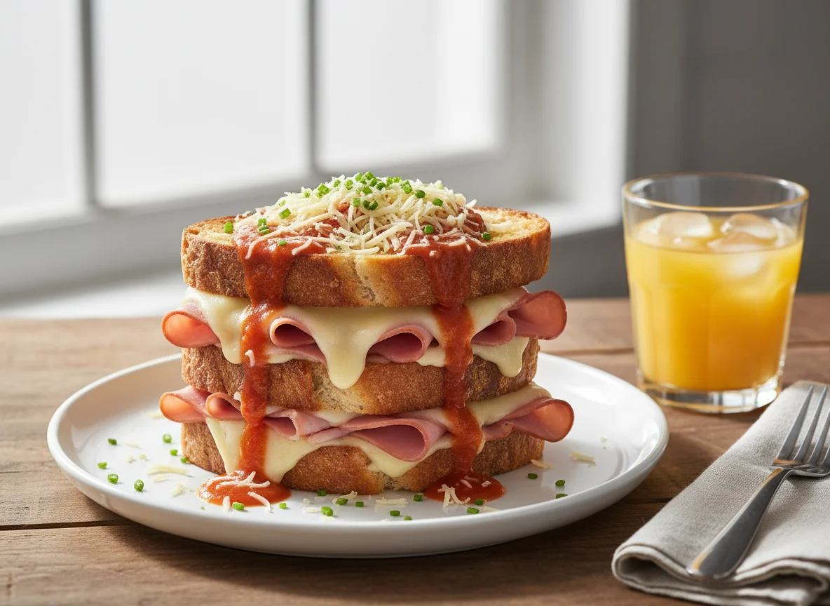 Stacked Ham and Cheese Sandwich with Orange Juice photo