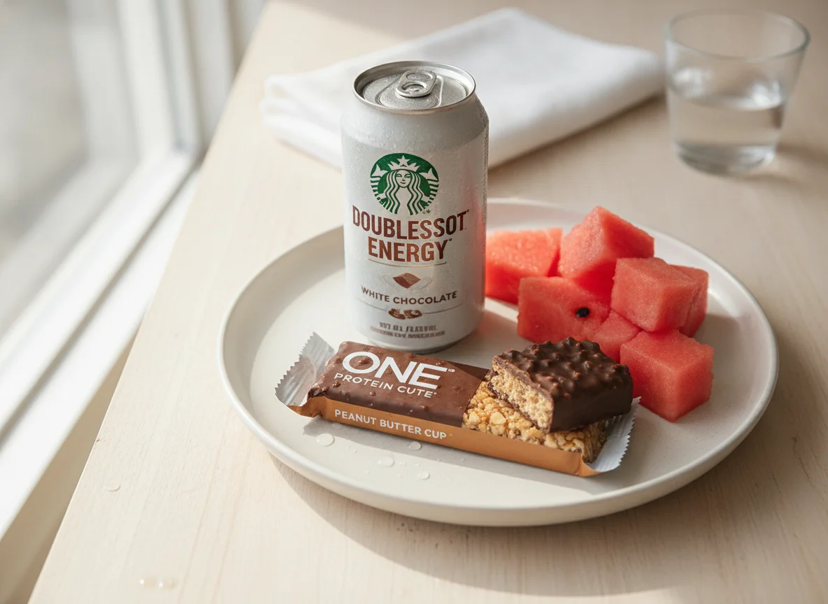 Starbucks Doubleshot Energy, ONE Protein Bar, and Watermelon photo