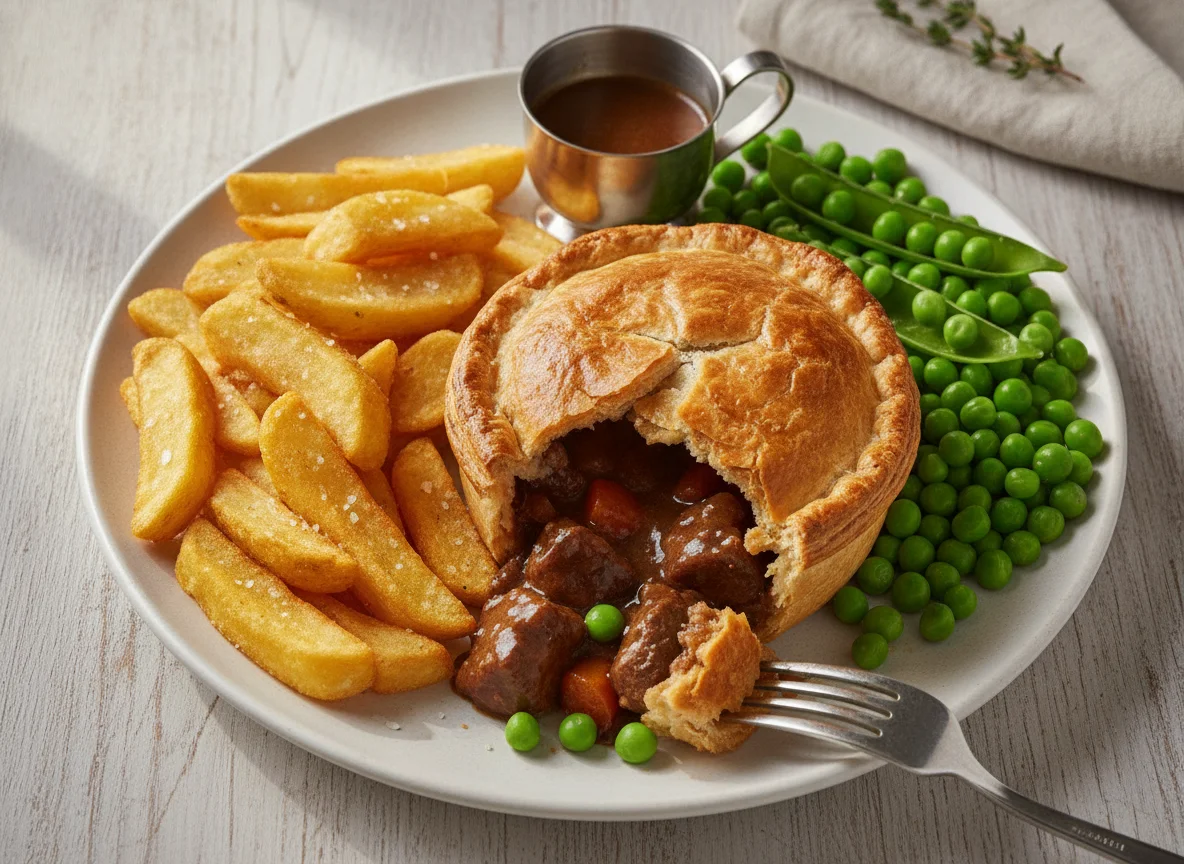 Steak and Ale Pie with Chips and Peas photo