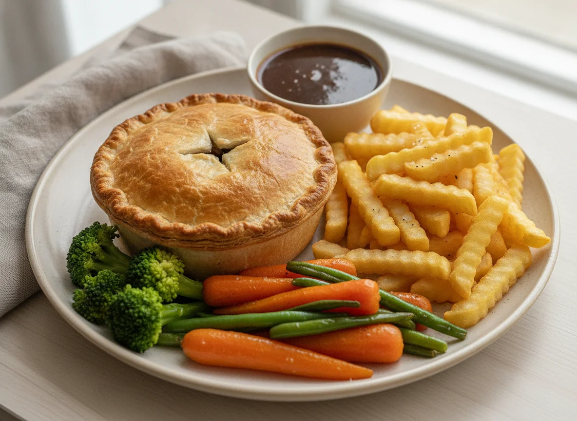 Steak and Ale Pie with Chips and Vegetables photo