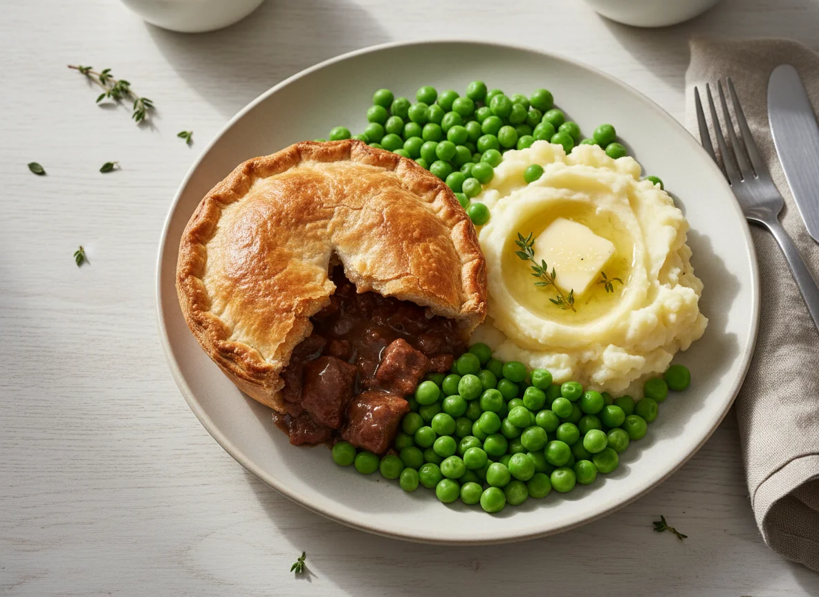 Steak and Ale Pie with Mashed Potatoes and Peas photo