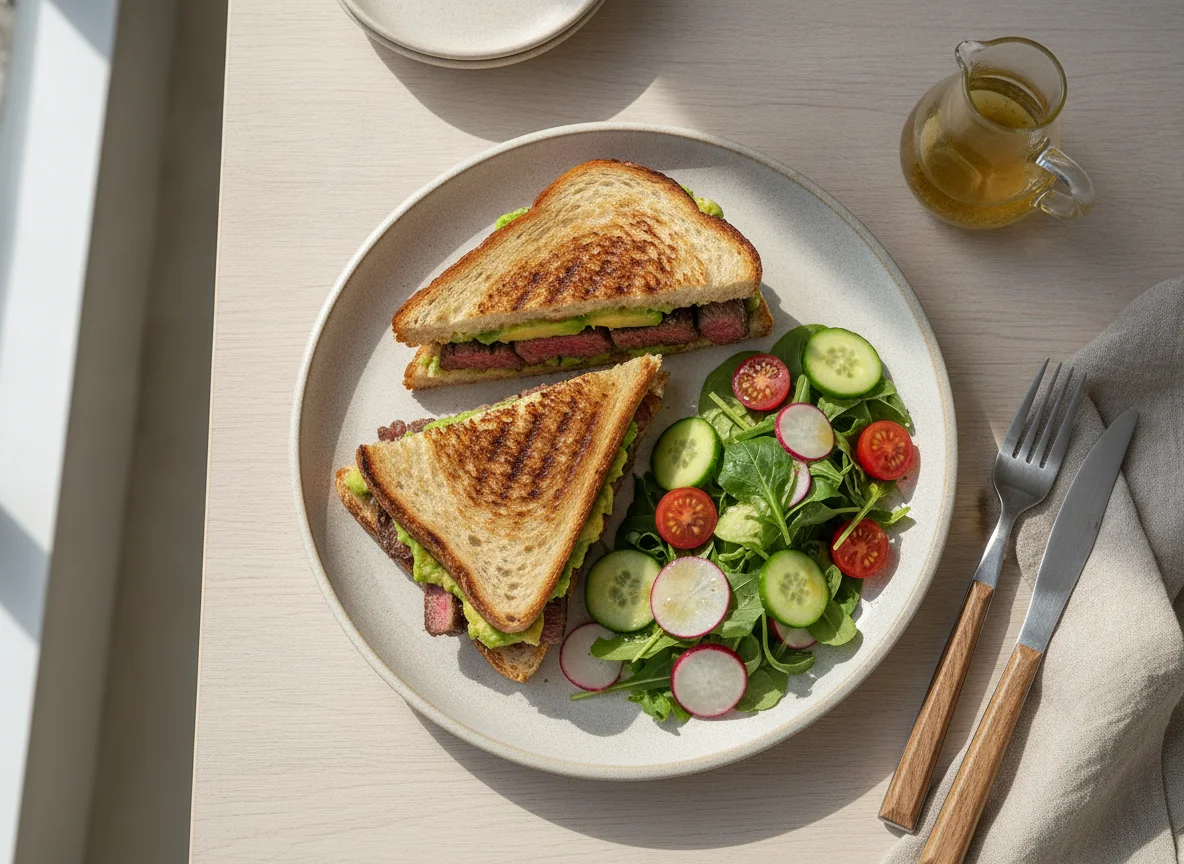 Steak and Avocado Panini with Side Salad photo