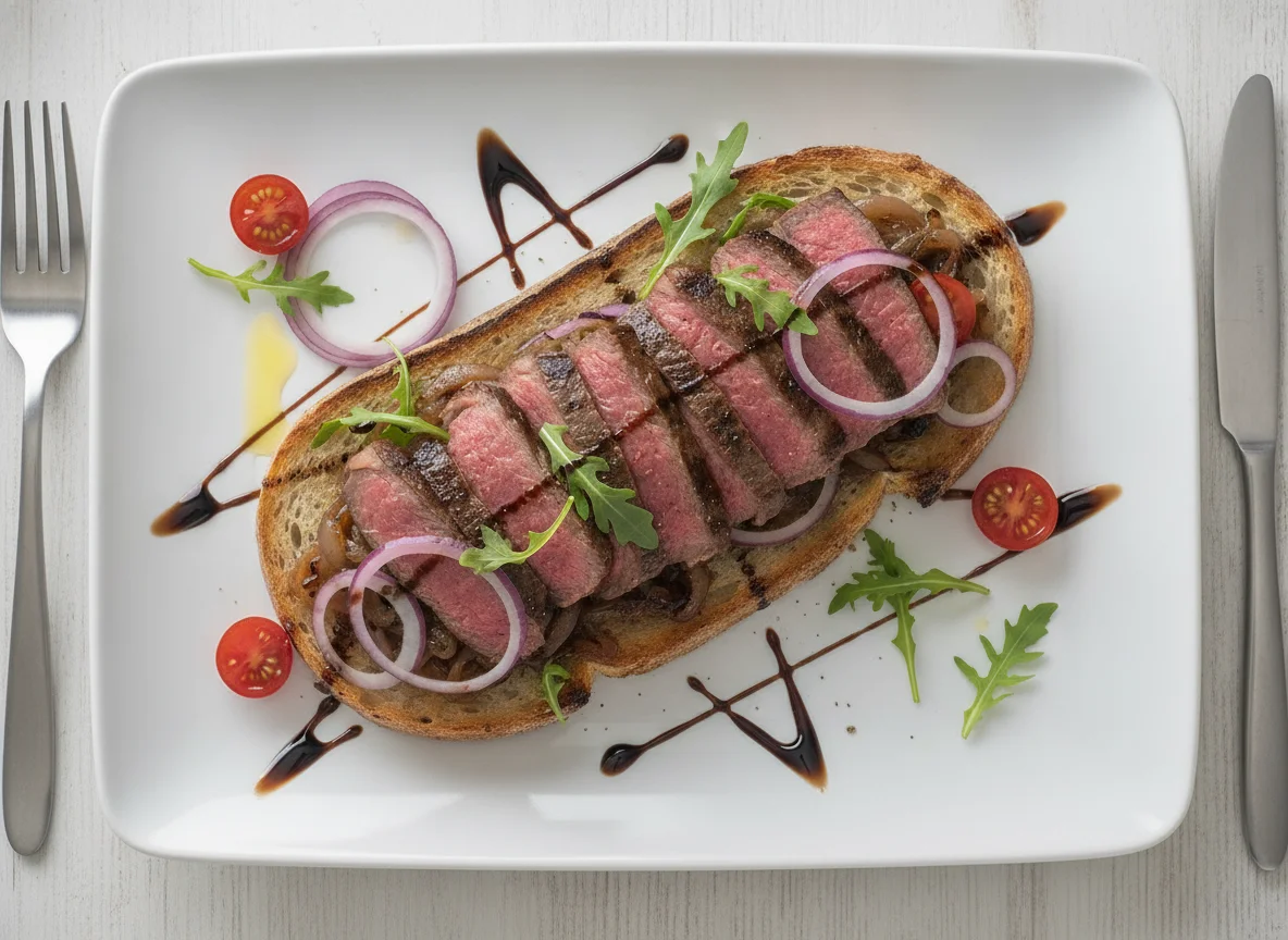 Steak and Caramelized Onion Open Sandwich photo