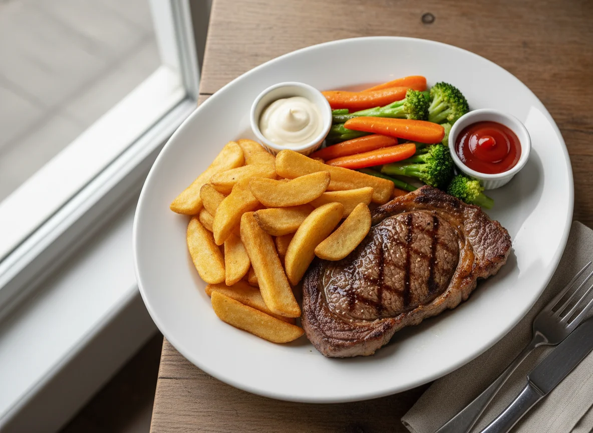 Steak and Chips with Mixed Vegetables photo