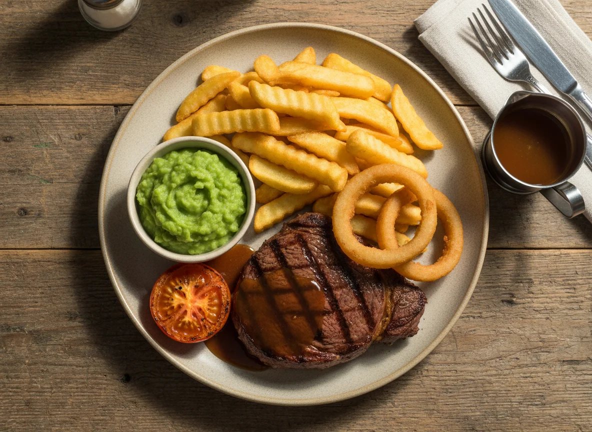 Steak and Chips with Peas and Grilled Tomato photo